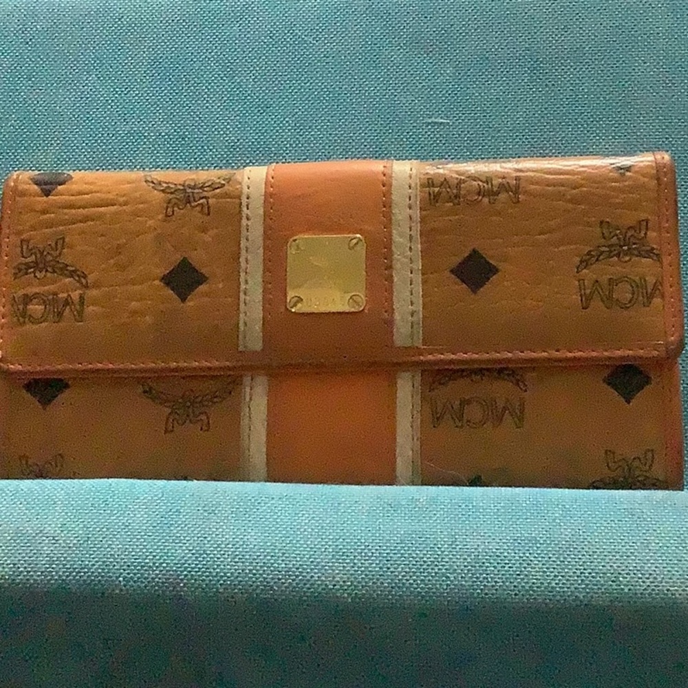 MCM Tan and Brown Logo Clutch/trifold wallet